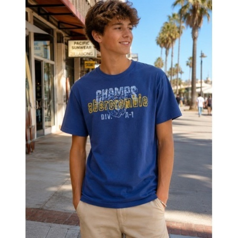 Abercrombie Kids Blue Graphic T-Shirt Champs Div A-1 Embroidered Logo XL Cotton
